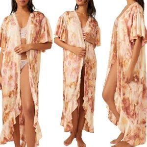 🆕 FREE PEOPLE Moonbeams Floral Lace Trim Robe Sweet Combo Belt Silky Sexy S
